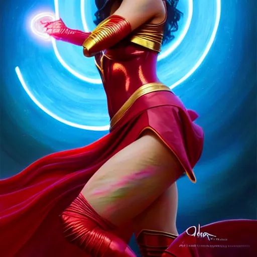 Image similar to olivia rodrigo as darna, wax figure, glowing eyes, volumetric lights, red and cyan theme, art nouveau botanicals, intricate, highly detailed, digital painting, artstation, concept art, smooth, sharp focus, cinematic, illustration, beautiful face, art by artgerm and greg rutkowski and alphonse mucha