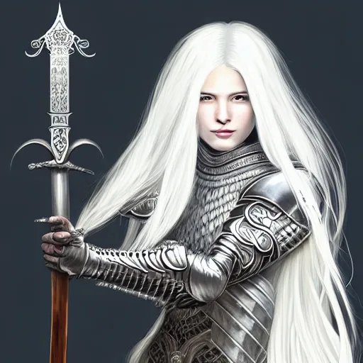 Prompt: portrait digital painting of a woman with flowing luscious glowing white hair standing whilst holding a sword, wearing intricate plate - armor and leather underneath. intricate, elegant, highly detailed, digital painting, artstation, concept art, smooth, sharp focus, illustration, by terry wei, qiu fang, tooth wu, kan liu, siwoo kim, jisu choe