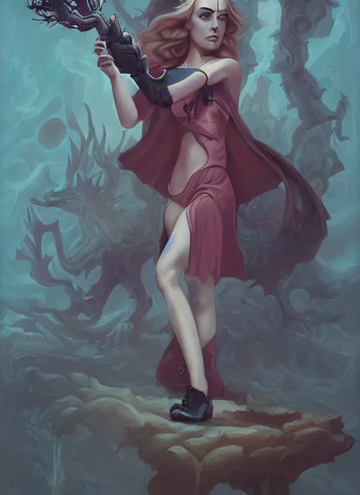 Image similar to Twin Peaks artwork Kiernan Shipka dressed as satanist by Peter Mohrbacher