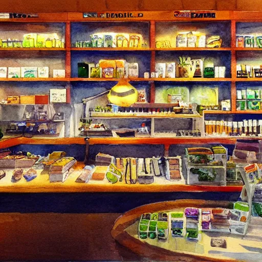 Image similar to bustling busy small shop shelves neat cannabis samples interior design, aussie, environment portrait watercolor drawing by steve hanks, australia tv still render by pixar