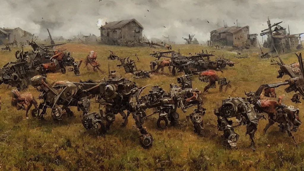 Image similar to 1920's battle in a farming village between bipedal mechs, painted by Jakub Rozalski