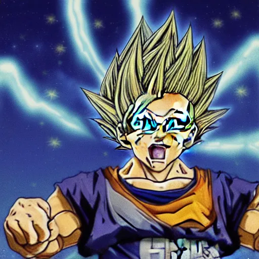Image similar to portrait of Bernie Sanders from dragon ball z with glowing golden aura flying over a desert field, super saiyan 3, yellow spiky hair, high quality photo