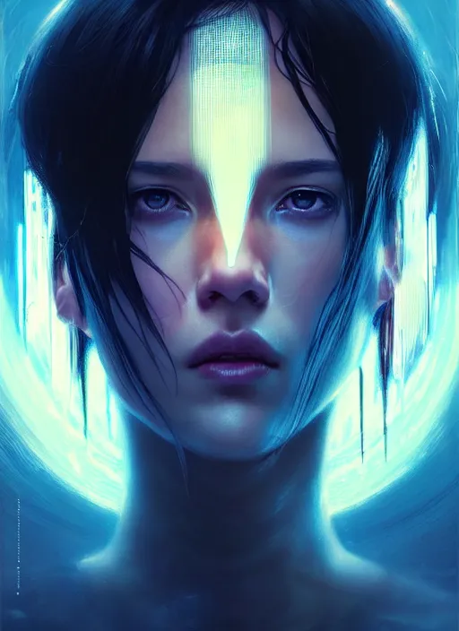 Prompt: portrait of ghost in the shell alicia vikander, intricate, elegant, glowing lights, highly detailed, digital painting, artstation, glamor pose, concept art, smooth, sharp focus, illustration, art by wlop and greg rutkowski