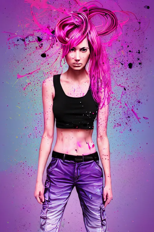 Image similar to a award winning half body portrait of a beautiful woman in a croptop and cargo pants with ombre purple pink teal hairstyle and hands in pockets by ari liloan, surrounded by whirling illuminated lines, paint splashes and splatter, outrun, vaporware, shaded flat illustration, digital art, trending on artstation, highly detailed, fine detail, intricate