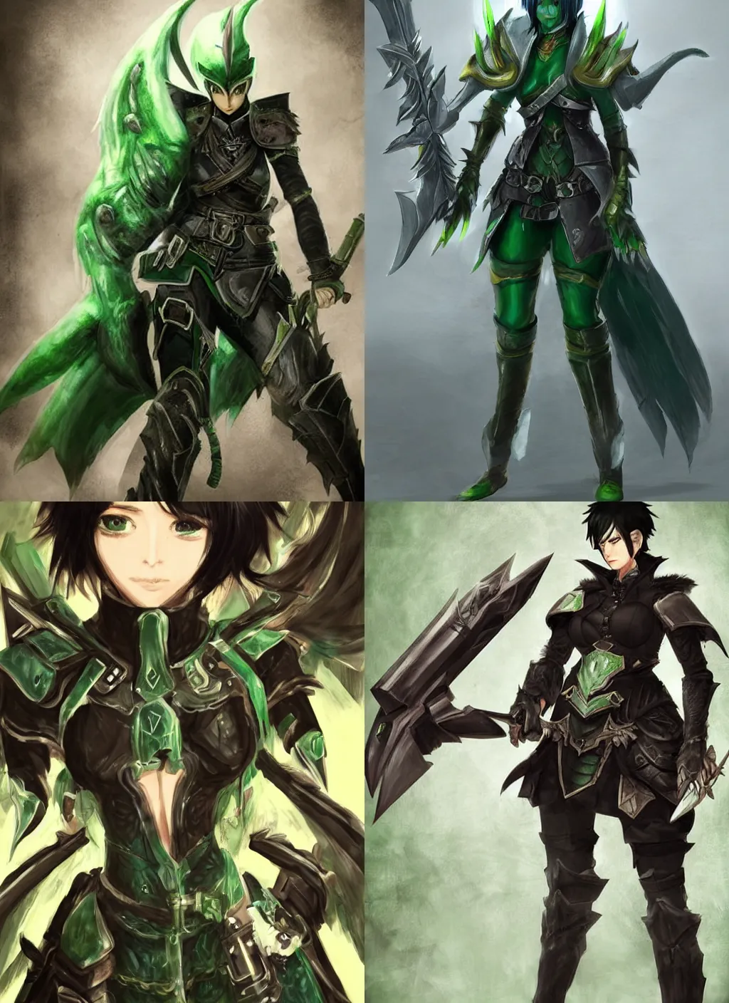 Prompt: A tall woman with short black hair and an eyepatch wearing green leather armor, monster hunter concept art, trending on pixiv, detailed