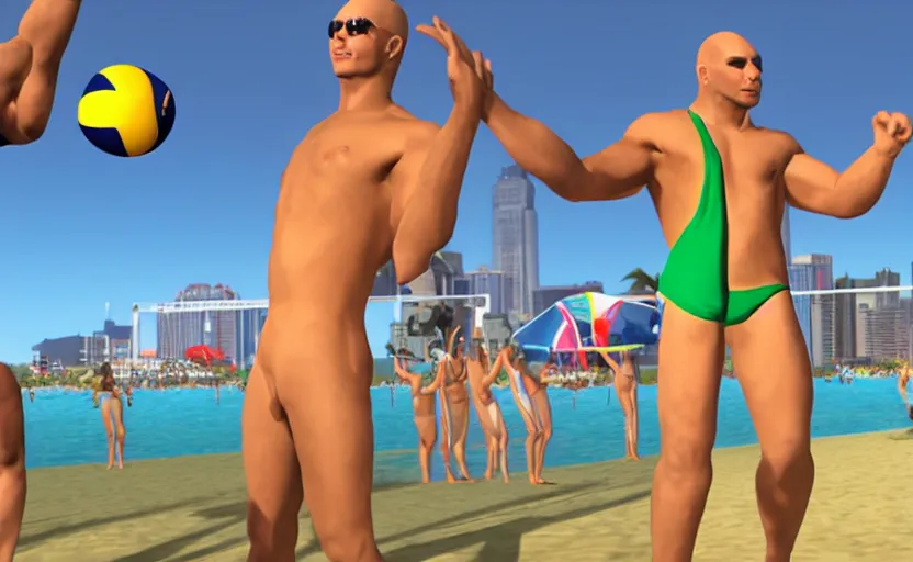 Image similar to pitbull in a speedo playing beach volleyball with a corporate mascot, ps 2 game screenshot