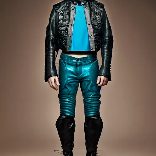 Prompt: an award - winning editorial photo of a male model wearing a teal distressed baggy medieval cropped leather menswear jacket by alexander mcqueen, 4 k, studio lighting