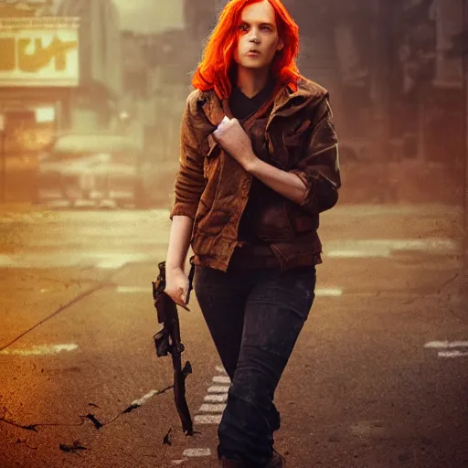 Image similar to fallout 5, charismatic beautiful rugged orange - haired female protagonist, portrait, outdoors ruined cityscape, atmospheric lighting, painted, intricate, volumetric lighting, beautiful, daytime, slight overcast weather, sharp focus, deep colours, ultra detailed, by leesha hannigan, ross tran, thierry doizon, kai carpenter, ignacio fernandez rios