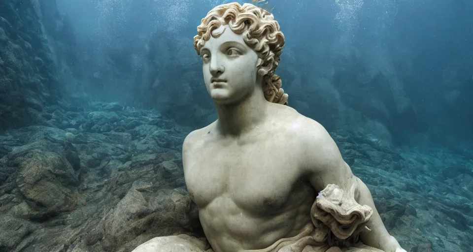 Image similar to An underwater marble greek statue,