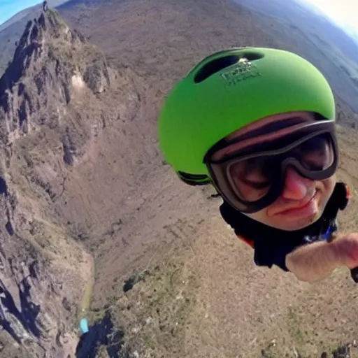 Image similar to GoPro video of Mr Bean base jumping close-up selfie