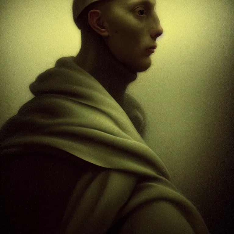 Image similar to portrait of beautiful ribbed man wearing techwear by hieronymus bosch, soft bloom lucid dream - like ethereal dark atmosphere, baroque portrait painting, perfect composition, intricate detailed octane render trending on artstation, 8 k artistic photography, volumetric cinematic perfect light, chiaroscuro, masterpiece, raphael, caravaggio, rutkowski, beeple, beksinski