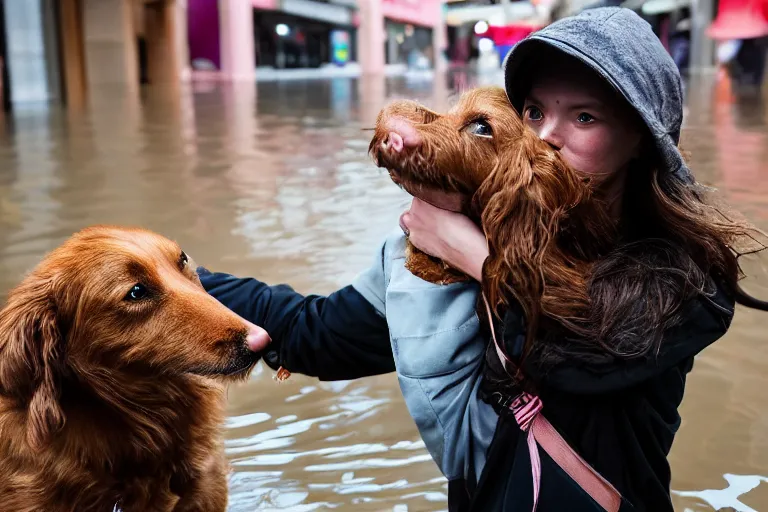 Image similar to closeup portrait of a girl carrying a dog over her head in a flood in Rundle Mall in Adelaide in South Australia, photograph, natural light, sharp, detailed face, magazine, press, photo, Steve McCurry, David Lazar, Canon, Nikon, focus