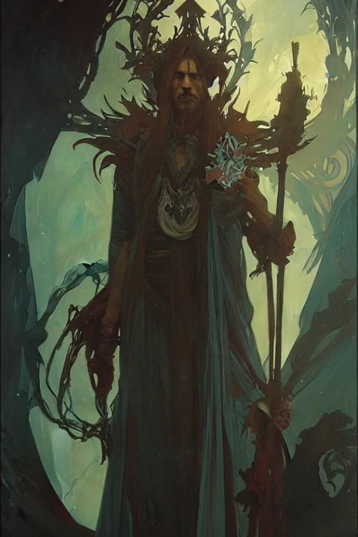 Image similar to Dark wizard, fantasy, painting by greg rutkowski and alphonse mucha
