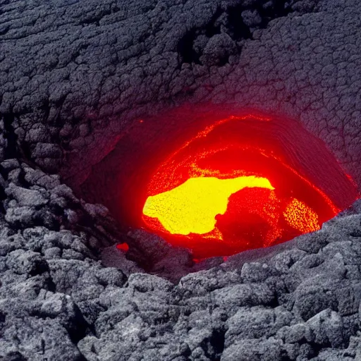 Image similar to head of walter whitr emerges from a lava lake, cave background, high detail, lava reflections, cave reflecting in the lava lake, dramatic shot