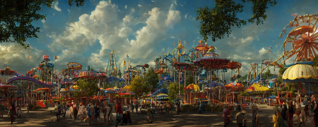 Image similar to amusement park, beautiful dynamic lighting, cinematic, wide angle establishing shot, extremely high detail, photo realistic, cinematic lighting, post processed, concept art, artstation, matte painting, style by frederic church, raphael lacoste, unreal engine 8k