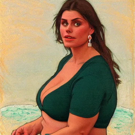 Image similar to portrait of cute 2 0 years old obese courtney cox in red swimsuit sitting on a beach, intricate, hyperdetailed, photorealistic, diffuse lighting, hdrp, artstation, unreal 5, smooth, textless, sharp focus, art by john collier, albert aublet, krenz cushart, artem demura, alphonse mucha