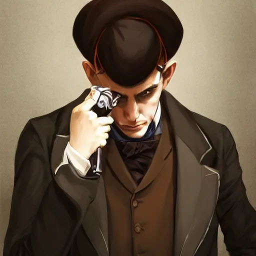 Image similar to a victorian doctor with a gun, young man, clean shaven, pale skin, vampire, dark brown duster, short brown hair, brooding, character art, full body art, Dungeons and Dragons, D&D, trending on artstation, artgerm, 4k ultra hd, sharp focus, digital art by Ilya Kuvshinov and Ross Tran,