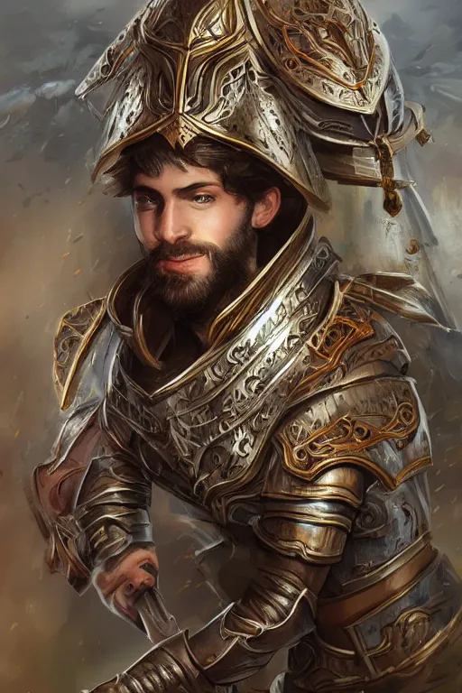 Image similar to young man with thin beard, messy short hair, very beautiful, wearing intricate bronze and silver armour. digital art. trending on artstation. vivid colours. unrealistic, storybook, fable.