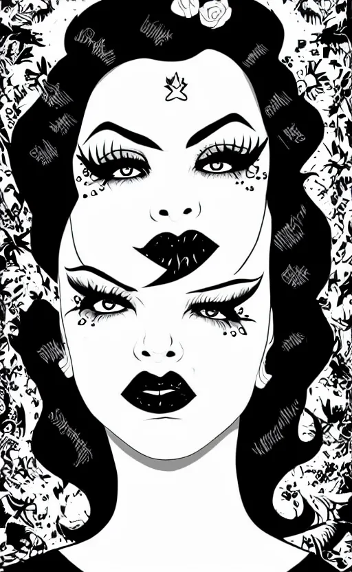 Image similar to of a goth girl burlesque psychobilly, rockabilly, punk, black hair, detailed face, white background, drawing, zoomed out, full body, illustration