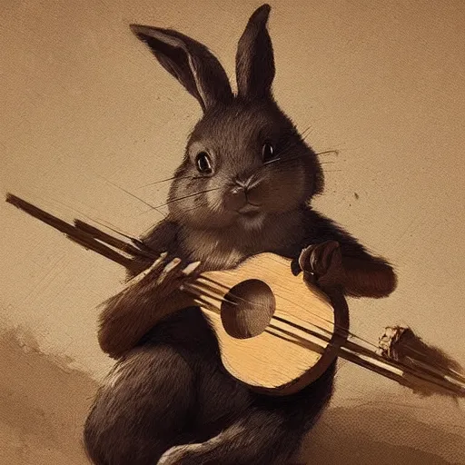 Prompt: An anthropomorphic rabbit plays the lute, highly detailed, artstation, greg rutkowski