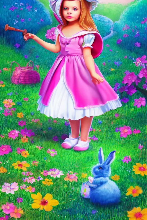 Prompt: matte sharp painting cute little girl dressed as alice and cute rabbit landscape painted by mark rydel and lisa frank, artstation behance storybook