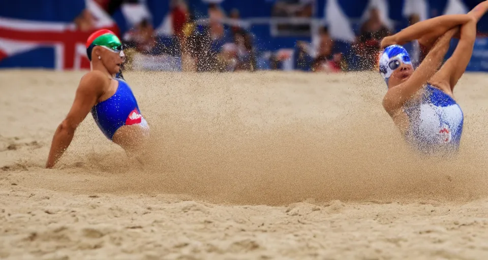 Image similar to olympic swimming in sand instead of water, extremely coherent, motion blur