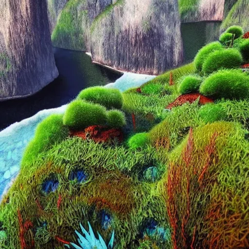 Image similar to contemporary art of a lush natural scene on an alien planet. beautiful landscape. weird vegetation. cliffs and water.