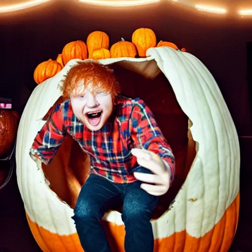 Image similar to photo of ed sheeran stuck inside a pumpkin, yelling for help