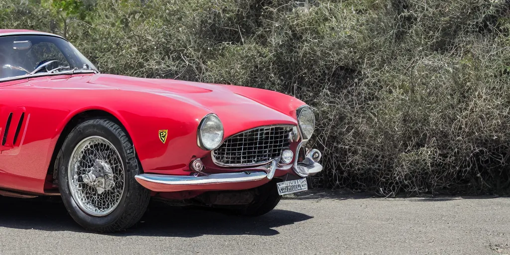 Image similar to photograph, 1958 FERRARI 250 GT, cinematic, PCH, california coast, 8k, depth of field, bokeh.