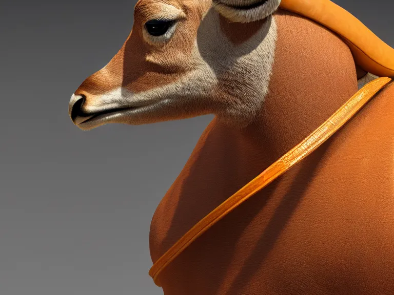 Prompt: An antelope with many translucent yellowish leather bags of different sizes growing on its back. Concept art, octane render, extremely high detail, details, hyperrealism, cinematic, 8k, depth of field