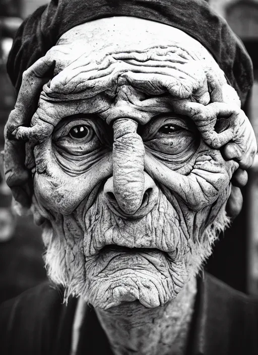 Image similar to A portrait photo of an old cyclope man , high contrast, black and white