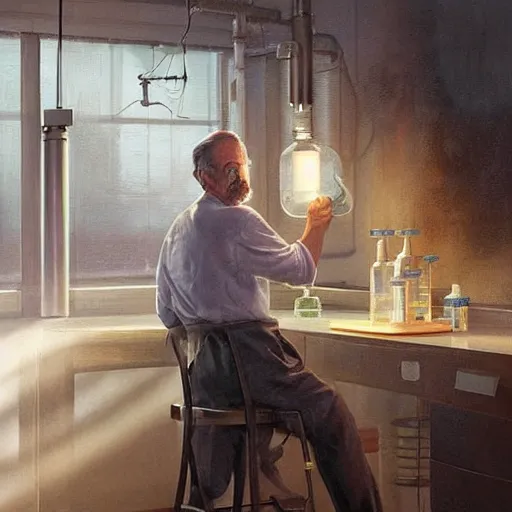 Image similar to epic masterpiece of cinematographic hyperrealism where a scientist appears in a laboratory. realistic shaded lighting poster by craig mallismo, artgerm, jeremy lipkin and michael garmash, unreal engine, radiant light, detailed and intricate environment, digital art, art station trends