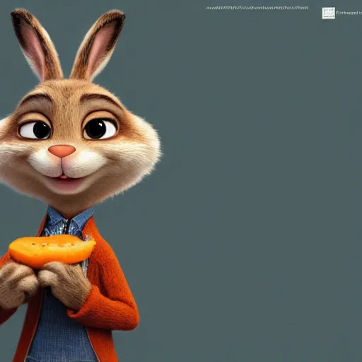 Prompt: portrait of a super cute bunny, eating a carrot, pixar, zootopia, cgi, blade runner. trending on artstation, smiling, friendly