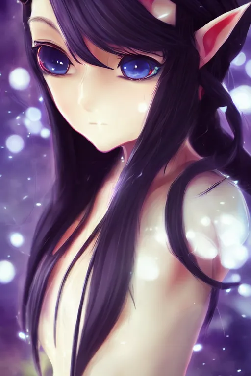 Image similar to adorable young cute anime elf girl, long black hair, fantasy armor, symmetrical face. symmetrical detailed defined eyes. beautiful lineart. bokeh pixiv # 1 ranking depth focus, chromatic aberration, noise, soft lighting, srgb, 4 k, cinematic