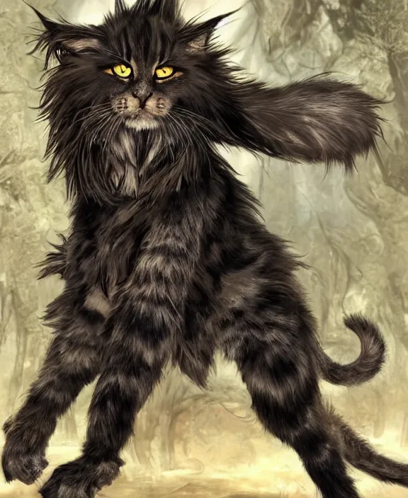 Image similar to humanoid male khajiit rogue, mainecoon cat features with black fur, far - mid shot, wearing leather armor, magic the gathering, fantasy