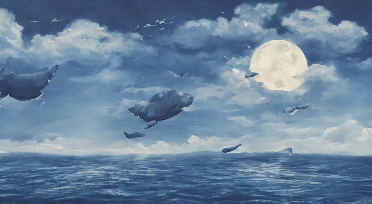 Image similar to ocean in the sky, whales, clouds, moon, water