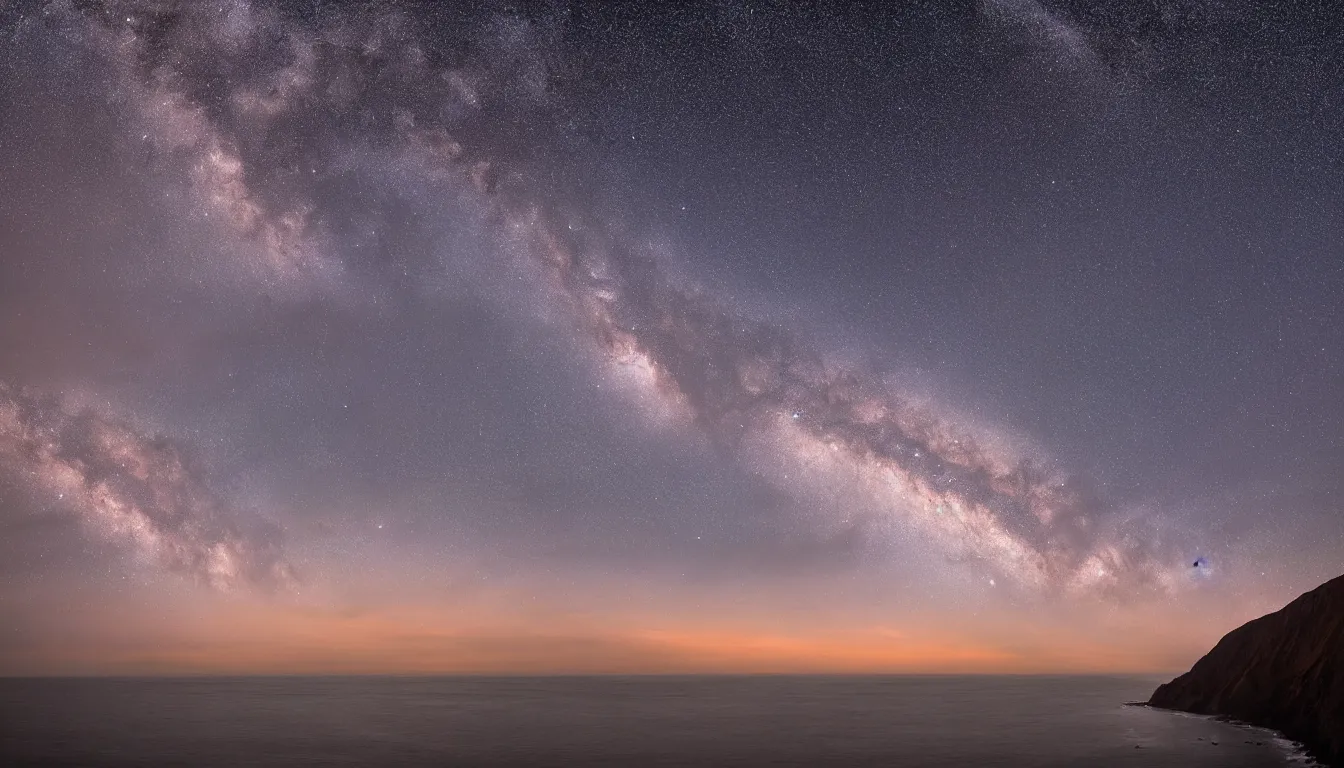 Image similar to coast of Lima, Peru at dusk with a Milky Way sky photographed in 4K, photorealistic