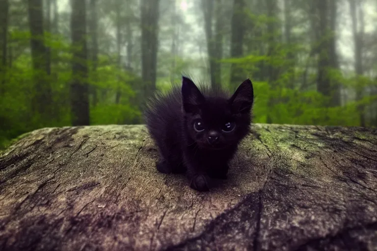 Prompt: a close shot of an ominous bat kitten being standing in a forest, detailed, mythical, mist, depressing, tired, dark, lush, nature, mist, mystery, glows, somber, dismal, fog, heavy fog, dark lighting, rim light, glow, ambient light,