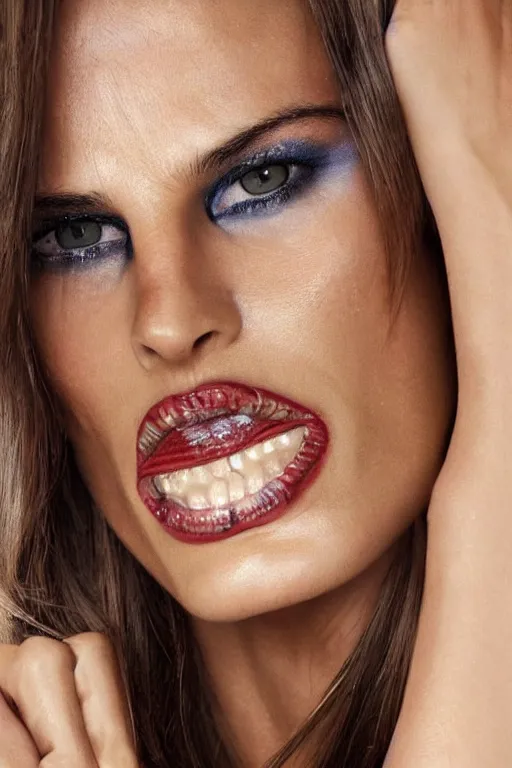 Image similar to A beautiful portrait of Izabel Goulart smiling as G.I. Joe Baroness as a Versace fashion model Spring/Summer 2010, highly detailed, in the style of cinematic, Getty images, Milan fashion week backstage, Extreme close up, Makeup by Pat McGrath, Hair by Guido Palau, Greg rutkowski