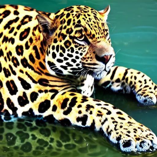 Prompt: highly detailed sexy jaguar lounging in a lagoon photograph 4K