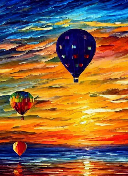 Image similar to beautiful hot air balloons over the ocean at sunset in the style of leonid afremov