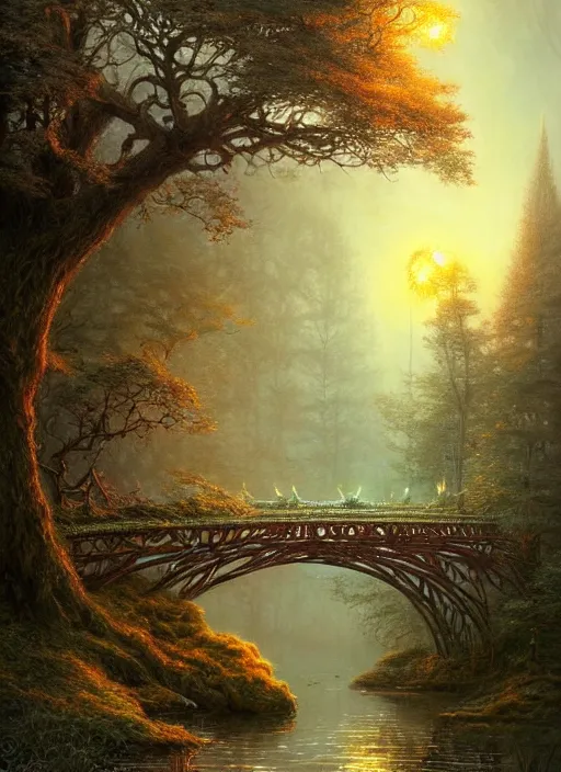 Image similar to book cover!!!!!!!!!!!!, old bridge, fantasy forest landscape, fantasy magic, light night, intricate, elegant, sharp focus, illustration, highly detailed, digital painting, concept art, matte, art by wlop and artgerm and ivan shishkin and andrey shishkin, masterpiece