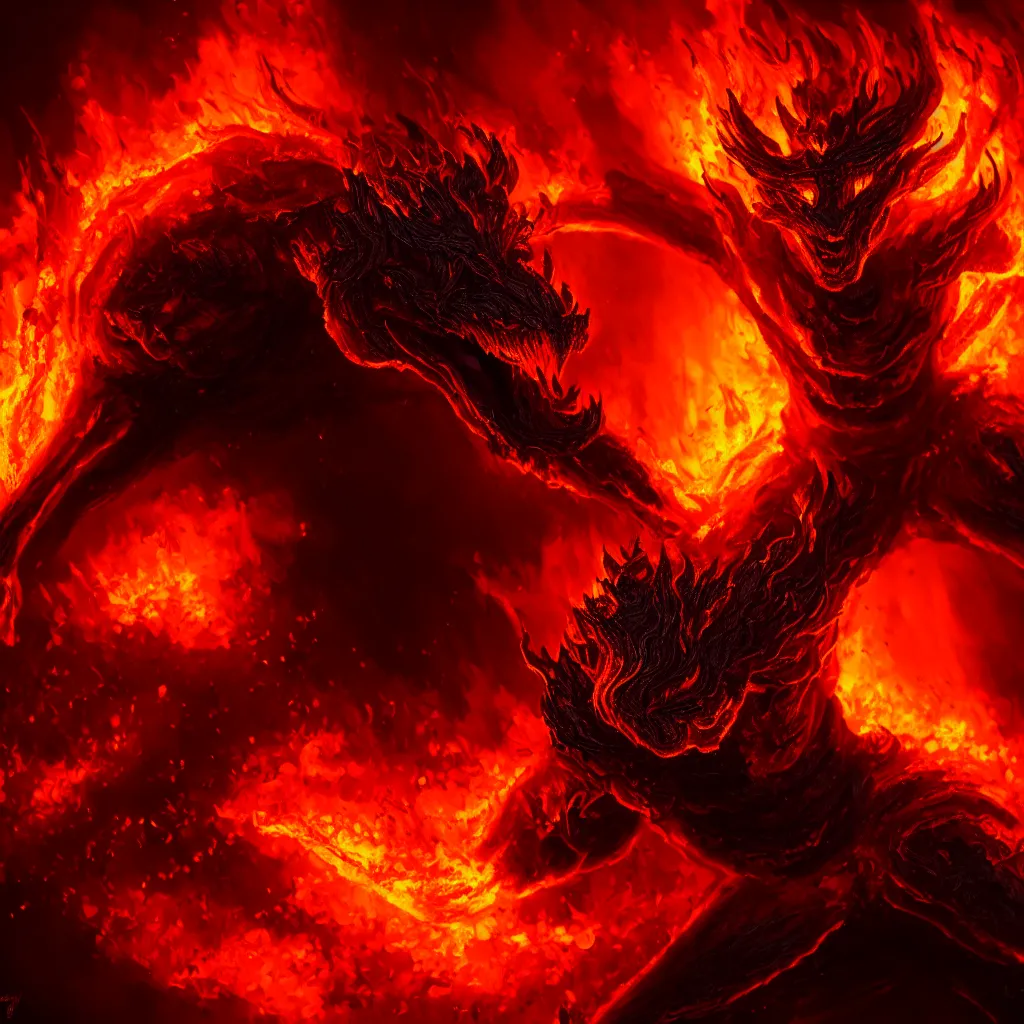 Prompt: highly detailed photo of fire demon, dark background, hyper realistic, art by greg rutsowski, concept art, 8 k detail post - processing