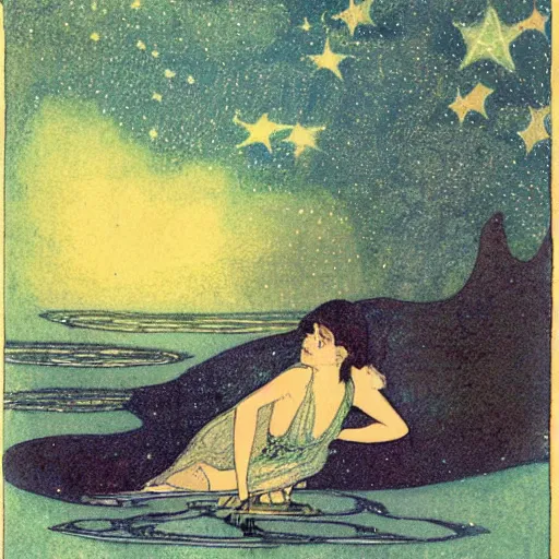 Image similar to a fairy bathing in the lake under the starry sky, magical atmosphere, by edmund dulac