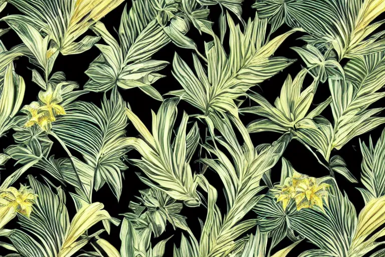 Prompt: photorealistic print of exotic, elegant tropical prints, isolated in a black background : : green surreal plants, golden flowers, art nouveau, desaturate, trending on artstation