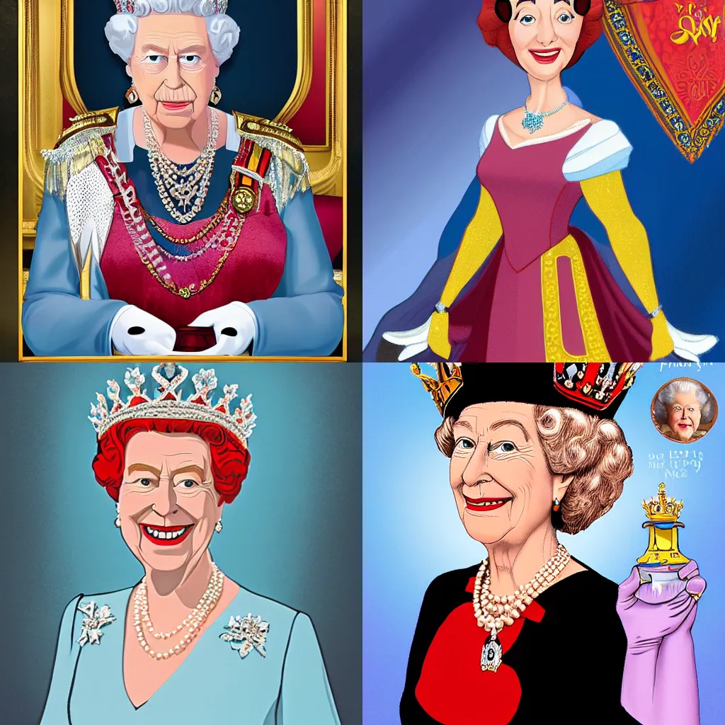 Prompt: a portrait of the queen of england, disney style