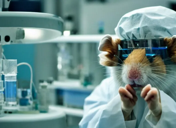 Image similar to film still of a hamster working in a research lab finding the cure for cancer, 8 k