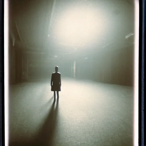 Image similar to dark, scary human figure standing ominously in a hallway, backlit by soft lights, dark, mysterious, creepy, photo taken on Polaroid camera