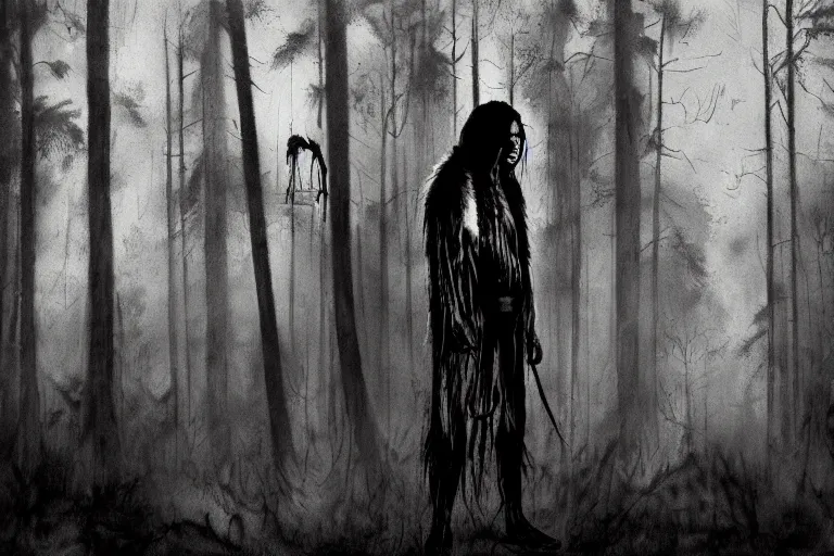 Image similar to mad native american skinwalker in grim forest artwork by ben templesmith