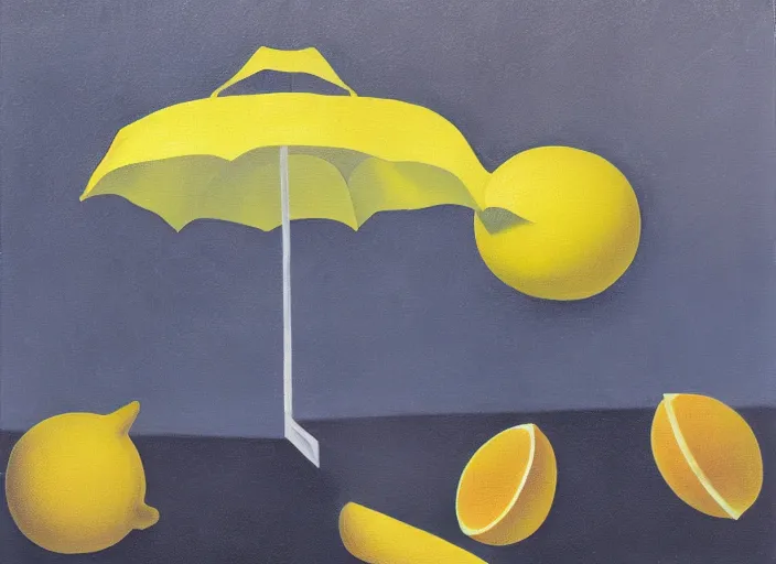 Prompt: abstract composition with lemons and umbrellas, oil on canvas, in the style of Rene Magritte,